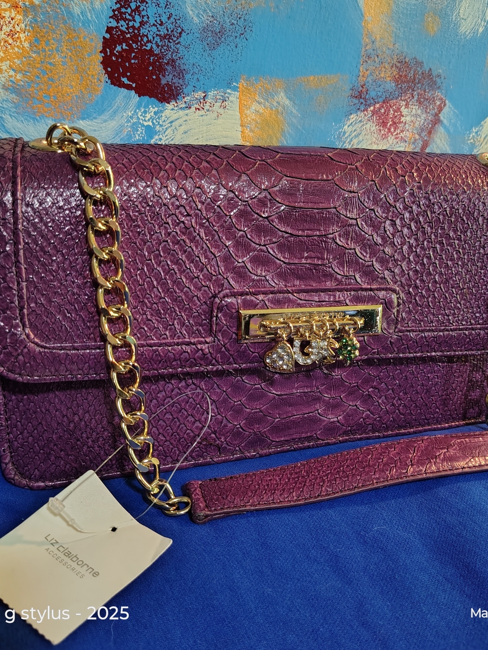 LIZ CLAIBORNE- Y2K Purple Faux-Crocodile Leather Chain Shoulder Bag w/ Charms 💜